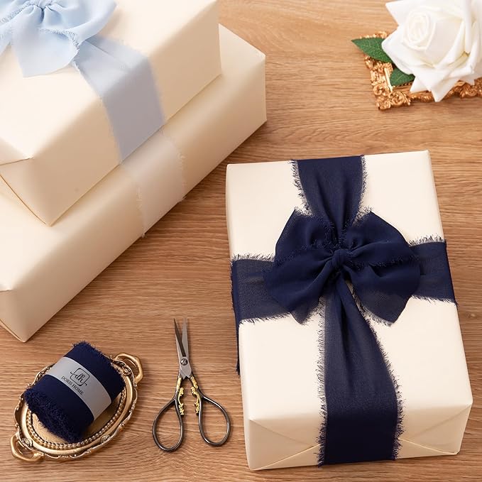 DORIS HOME Dark Navy Chiffon Ribbon for Flower Bouquet, 2" x21Yd Fabric Ribbon for Gift Wrapping, Handmade Frayed Ribbon for Wedding/Christmas Decorations