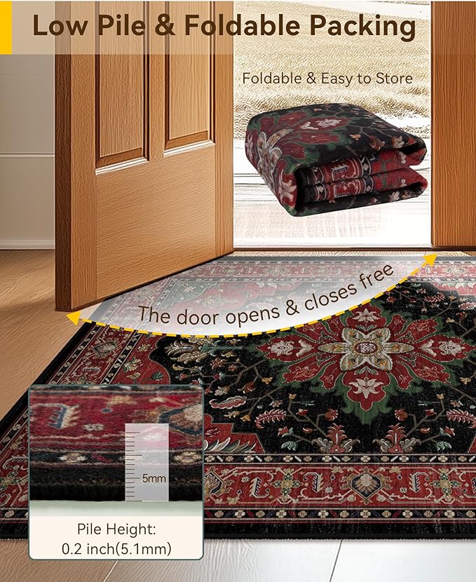 RELEANY Area Rugs 6'x9' Washable Non-Slip, Floral Vintage Distress Print Pattern Medallion Carpet for Living Room Bedroom Dining Room, Red Black