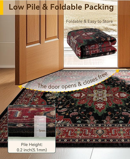 RELEANY Area Rugs 6'x9' Washable Non-Slip, Floral Vintage Distress Print Pattern Medallion Carpet for Living Room Bedroom Dining Room, Red Black
