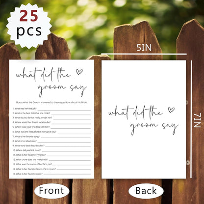 Bridal Shower Games, What Did The Groom Say, 25Pcs Minimalist White Double-Sided Bridal Game Cards, Wedding Shower Games for Guests, Engagement Bachelorette Party Supplies - A14