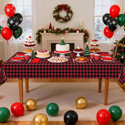 1 Pack Red Striped Gingham Tablecloths, 54 x 108 Inch Disposable Plastic Rectangle Table Covers, Waterproof Red and Black Checkered Table Cloths for Picnic, Birthday, Party, Outdoor Events