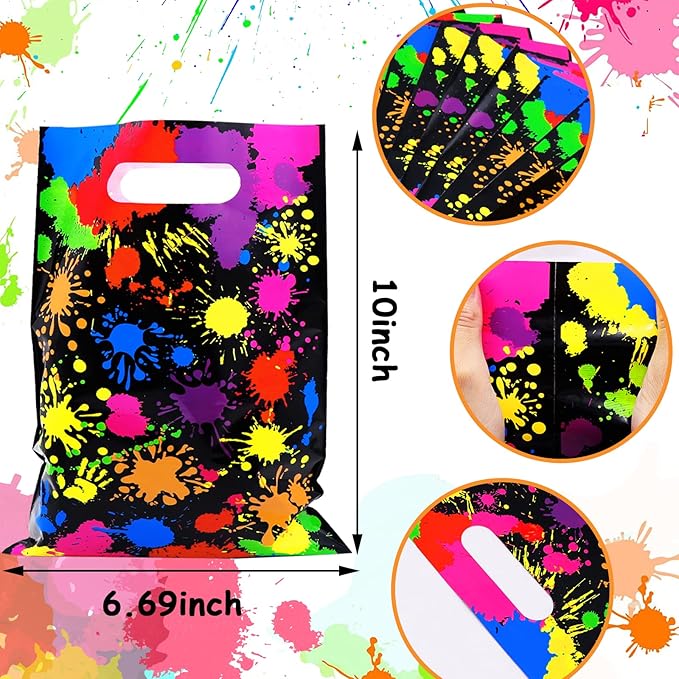 Neon Party Favors Gift Bags 50 Pcs Art Paint Splatter Colorful Goodie Bags Plastic Candy Treat Bags with Handles for Birthday Shower Neon Retro 80's 90's Theme Party Supplies Decorations