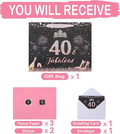 wishinside 13'' Large 40th Birthday Gift Bag Set with Handles, Greeting Card, Pink Tissue Papers and Stickers for 40 Year Old, Her, Women, Sister, Daughter, Best Friend, Tiara Design, 1 Pcs