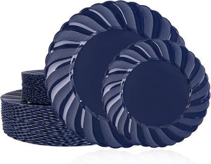 U-QE 60 Pcs Blue Plastic Plates for Party – Scalloped Blue Plates Disposable Heavy Duty – Include 30 10.25" Dinner & 30 7.25" Dessert Plate - Perfect for Birthday Parties, Baby Showers, and Weddings