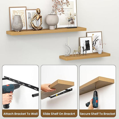 Heimlove 55 Inch Floating Shelves for Wall,Extra Long Mounted Storage wall Shelves with Invisible Metal Bracket for Bedroom Living Room Kitchen Office Set of 2,Oak Color
