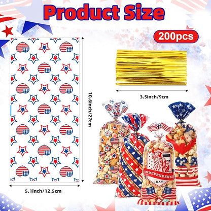 4th of July Cellophane Treat Bags, 200 PCS 4th of July Gift Bag, Patriotic Treat Bags, Plastic Red Blue and White Candy Cookie Goodie Snack Bag for Independence Day Fourth of July Party Favor Supplies