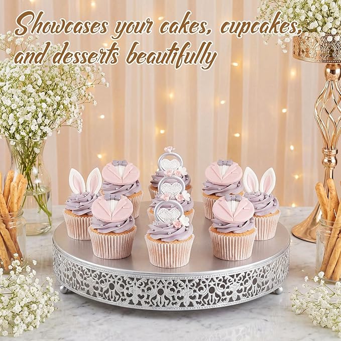 Wenqik 16 Inch Silver Cake Stand Set Metal Round Cupcake Dessert Stand with Cake Cutting, Spatula Wedding Cupcake Pastry Display Candy Holder Display for Wedding Party Birthday Baby Shower(Classic)