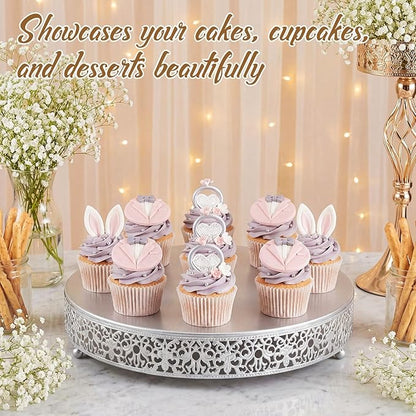 Wenqik 16 Inch Silver Cake Stand Set Metal Round Cupcake Dessert Stand with Cake Cutting, Spatula Wedding Cupcake Pastry Display Candy Holder Display for Wedding Party Birthday Baby Shower(Classic)
