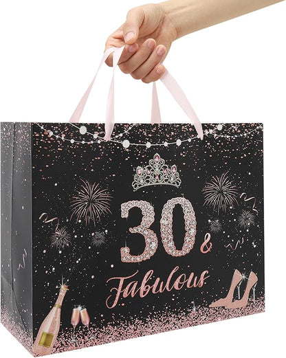 wishinside 13'' Large 30th Birthday Gift Bag Set with Handles, Greeting Card, Pink Tissue Papers and Stickers for 30 Year Old, Her, Women, Sister, Daughter, Best Friend, Tiara Design, 1 Pcs