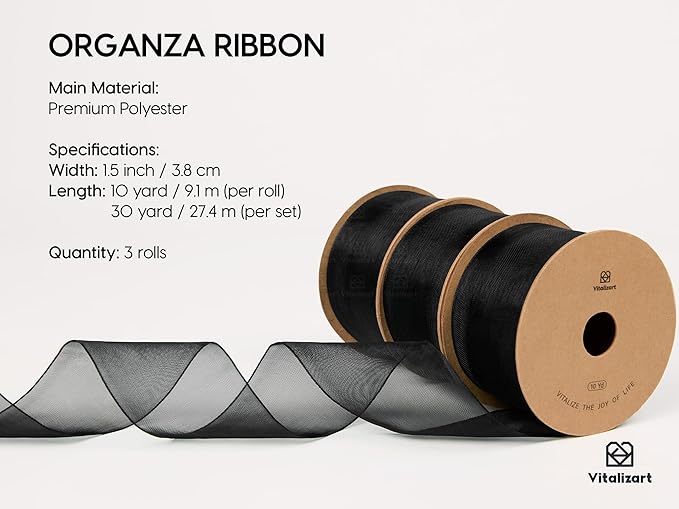 Vitalizart Organza Ribbon 1.5" x 30 Yd Black Sheer Ribbons for Gift Wrapping Crafts Christmas Party Decor Bows Wedding Invitations Wreaths Bouquet