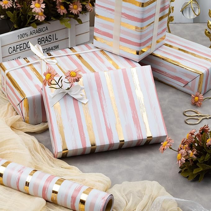 MAYPLUSS Girl Pink Wrapping Paper Roll - 17 Inch X 33 Feet - Elegant Thick Shimmering Stripe Pink Gold Foil Paper Baby Gift Wrap for Baby Shower, Wedding, Bridal, Birthday Party, Valentines Day