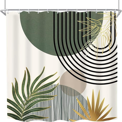 KOMLLEX Mid Century Dark Green Boho Shower Curtain 72Wx72L Inches Abstract Modern Shower Curtains for Bathroom Gold Plant Botanical Minimalist Arch Sun Fabric Liner Waterproof Polyester 12 Pack Hooks