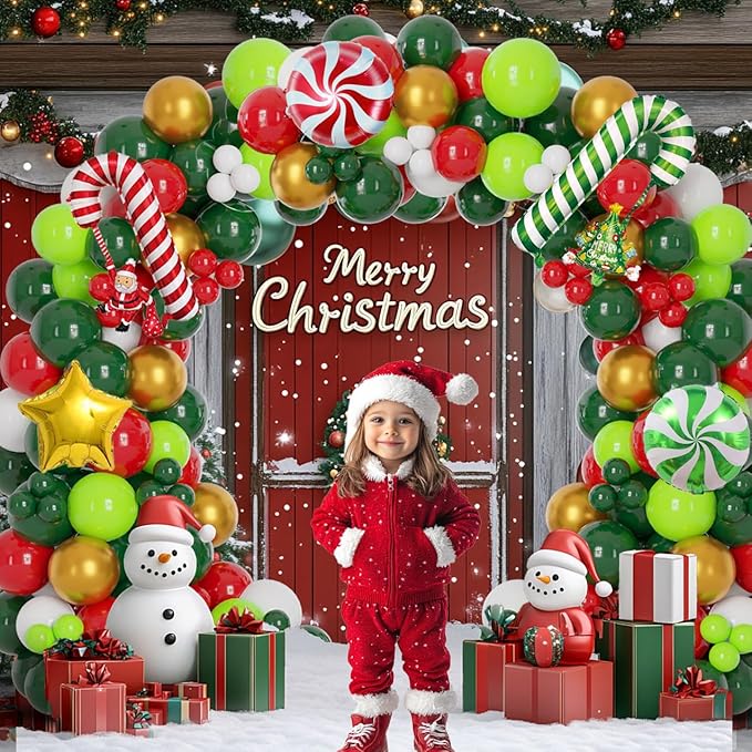 128PCS Christmas Tree Balloon Arch Garland Kit - Red Green White Gold Balloons with Candy Cane Balloons for Merry Christmas Decorations, Winter Party Supplies, Xmas Balloon Arch