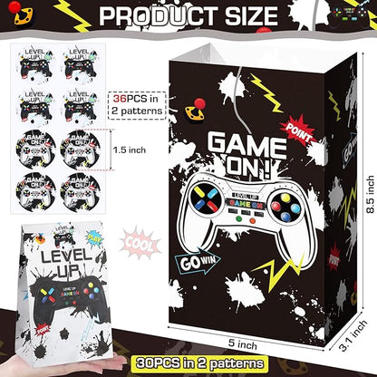 Geosar 30 Pack Video Game Party Favor Paper Bags Game on Goodie Candy Gift Bags with 30 Stickers Level up Reusable Goodie Treat Snacks Supplies for Boys Kids Gaming Birthday Party(White, Black)