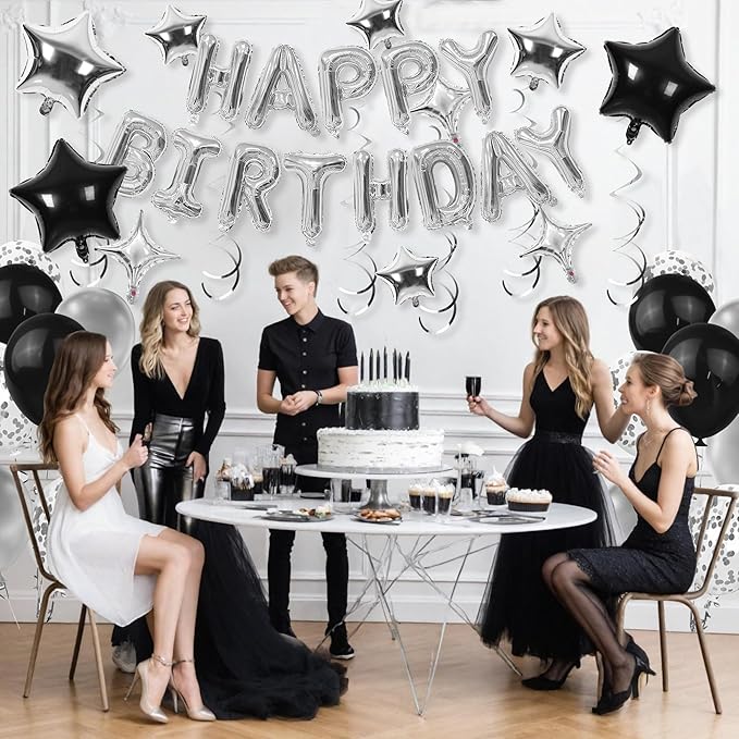 56 PCS Happy Birthday Balloons Happy Birthday Banner Silver and Black Balloons for Boys Men Girls Women 16th 18th 20th 21st 25th 30th 40th 50th 60th Birthday Party Decorations
