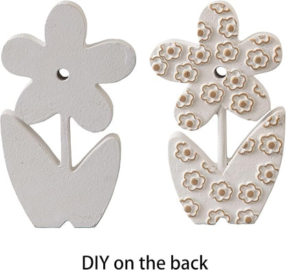 Vintage Small Cute Wooden Flowers Table Decorations for Dining Room 5 X 8 Inch, Handmade Distressed White Rustic Floral Coffee Table Figurine for Living Room, Farmhouse Home Decor for Shelf