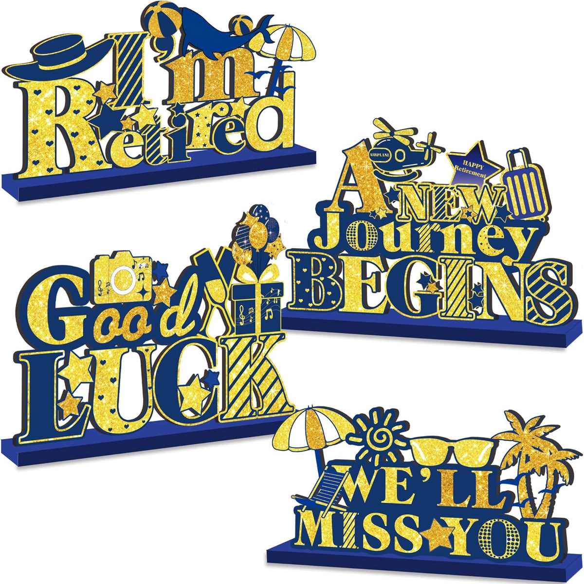 4Pcs Retirement Party Decorations Wooden Table Sign, Blue Gold Retirement Wooden Table Centerpieces Party Supplies, Retired Theme Farewell Sign, Retirements Gift We'll Miss You Decor (blue)
