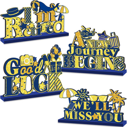 4Pcs Retirement Party Decorations Wooden Table Sign, Blue Gold Retirement Wooden Table Centerpieces Party Supplies, Retired Theme Farewell Sign, Retirements Gift We'll Miss You Decor (blue)