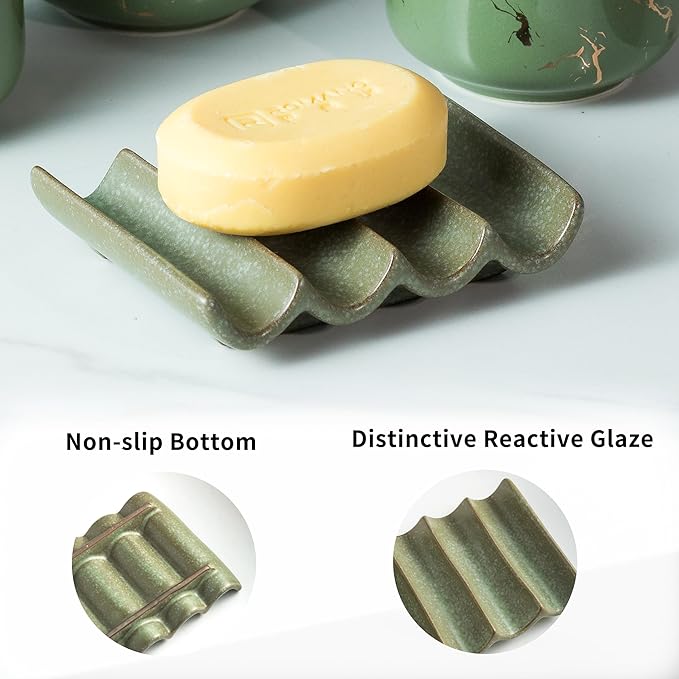 Draining Ceramic Soap Dish - Fluted Design, Bar Soap Holder for Shower & Bathroom, Soap Saver Sponge Lift, Green