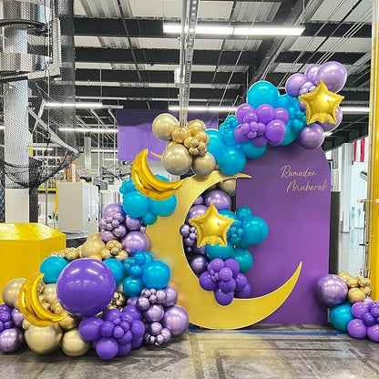144pcs Eid Mubarak Balloon Arch Kit, Ramadan Eid al-Adha Decorations, Turquoise Teal Blue Purple Gold Moon Twinkle Star Balloons Garland, Happy Eid al-Fitr Party Muslim Islamic EID party for Home