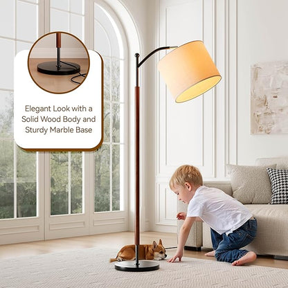 Arc Floor Lamp, Corner Mid Century Modern Floor Lamp, Standing Lamp with Adjustable Hanging Lampshade and Marble Base, Floor Lamps for Living Room, Bedroom, Office, Walnut Brown