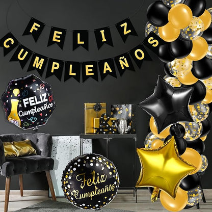 Lunmon 98 Pcs Feliz Cumpleaños Decorations for Men Women Spanish Birthday Decoration Black and Gold Party Decorations Kit Feliz Cumpleaños Banner Black and Gold Balloons for Birthday Party Supplies