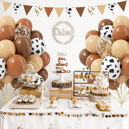 Brown Western Balloons, Brown Nude Gold Confetti Cow Print Latex Cowboy Balloons for Farm Cowboy Western Baby Shower Birthday Party Decorations