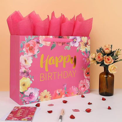 Qirrmiy 16.5'' Extra Large Happy Birthday Gift Bag Set with Handles, Greeting Card, Tissue Papers and Stickers for Women Girls, Gold Foil Happy Birthday & Floral Design, 1 Pcs