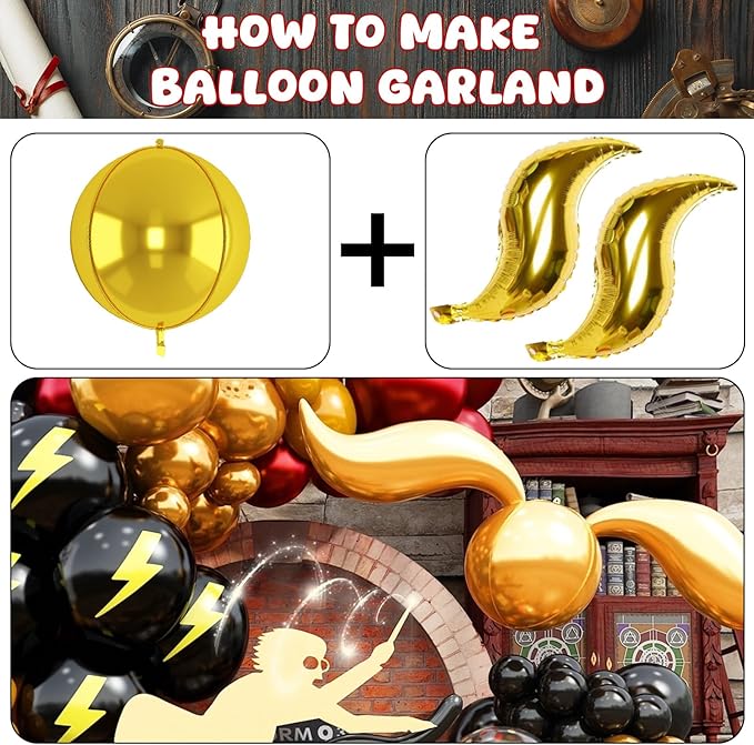 144PC Magic Balloons Arch Kit, Burgundy Black Gold Balloon Garland with DIY Broom Golden Sphere Foil Balloons, Maroon Mustard Yellow Confetti Balloon for School Birthday Decorations Party