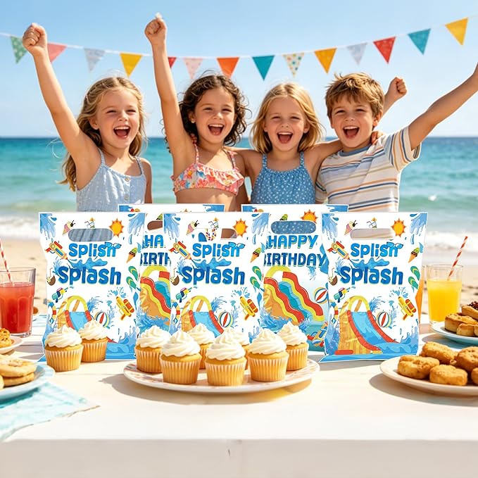 MOIZYNG 50Pcs Splish Splash Summer Birthday Gift Bags with Handles, Blue Splish Splash Happy Birthday Plastic Candy Treat Goodie Bags for Summer Pool Party Favors Supplies