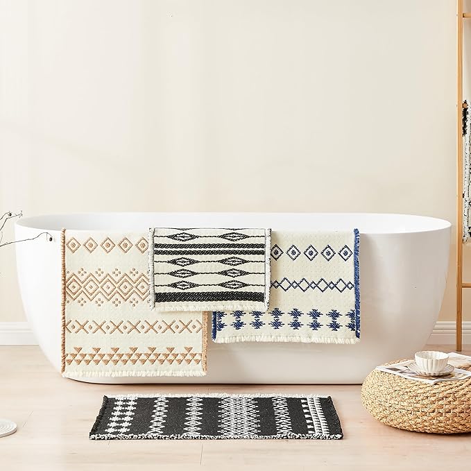 Douceur Boho Bath mat for Bathroom Floor Non Slip, Acrylic Blend Cute Bath Rugs with Tassels, Blue and Cream White Tribal Ethnic Pattern Farmhouse Bathroom Rugs, 15.7" x 23.6"