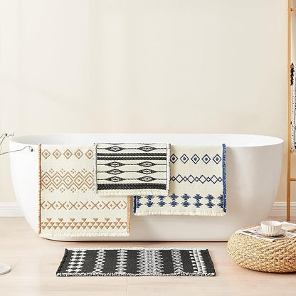 Douceur Boho Bath mat for Bathroom Floor Non Slip, Acrylic Blend Cute Bath Rugs with Tassels, Blue and Cream White Tribal Ethnic Pattern Farmhouse Bathroom Rugs, 15.7" x 23.6"
