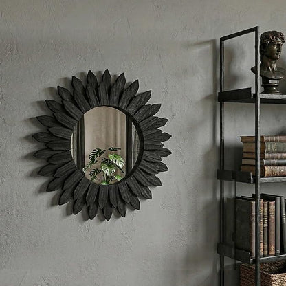 Boho Wood Sunburst Round Wall Mirror, 24 Inch Rustic Circle Wooden Frame Decorative Mirror for Farmhouse Coastal Home, Home Wall Decor for Living Room Entryway Bedroom, Light Wood