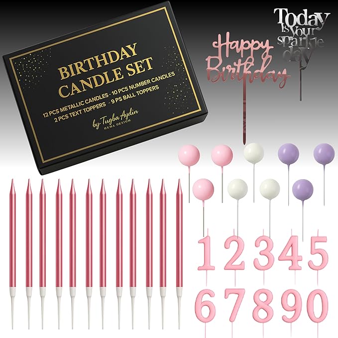 by Tugba Aydan - 33 Pcs Pink Birthday Candle Set with Number Candles 0–9, Metallic Long Candles, Ball&Text Toppers-Complete Cake Decoration Kit for Kids & Adults Birthday Party