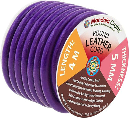 Mandala Crafts Round Genuine Purple Leather Cord for Jewelry Making – 5mm Cowhide Leather Rope String Lace for Kumihimo – 4.4 Yards Cowhide Craft Cording Spool