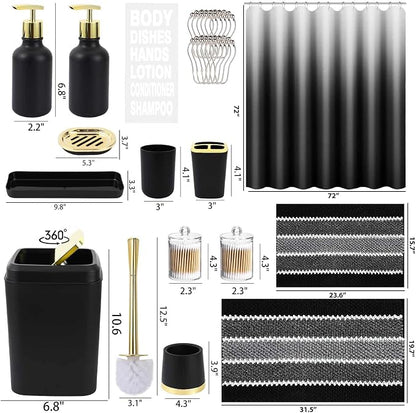 XLHOMO 25PCS Black Bathroom Accessories Sets Complete, with Shower Curtain, Rugs, Trash Can and Toilet Brush, Soap Dispenser, Toothbrush Holder and Cup, Soap Dish, Qtip Holder, Bathroom Decor Sets