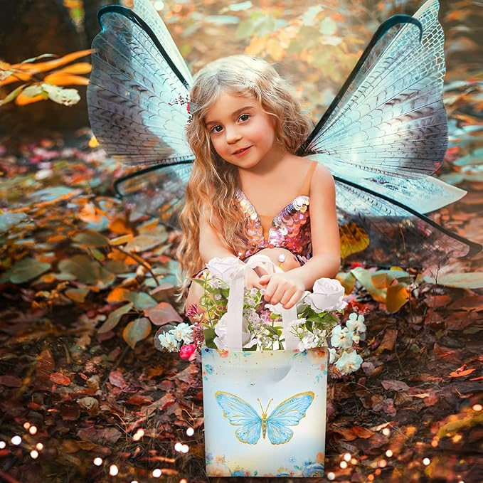 Locmeo 24 Pcs Butterfly Party Favor Bags with Handles Reusable Non Woven Butterfly Goodie Bags Pink Blue and Purple Candy Treat Gift Bag for Girl Boy Birthday Baby Shower Party, 8 x 4 x 10 Inch