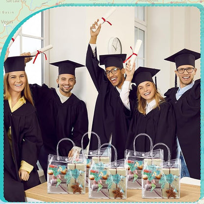 Teenyyou 24 Pcs World Map Favor Bags with Handle Graduation Travel Clear PVC Goodie Gift Bags Grad Birthday Congratulations Party Supplies