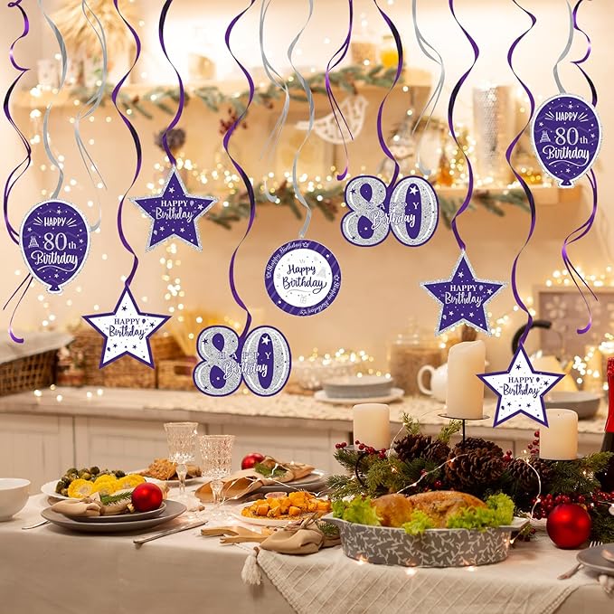 Happy 80th Birthday Purple & Silver Glitter Swirls Streamers Party Decorations - 15 Pcs 80th Birthday Hanging Swirls Streamers Kit,Cheers to Eighty Years Old Bday Party Sign.