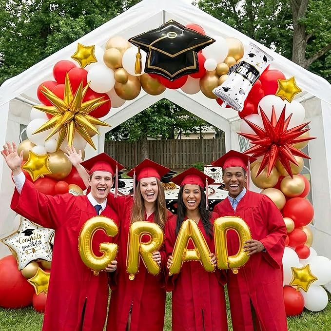 Red White Gold Graduation Balloon Garland Arch Kit with Graduation Star print Certificate Letter Foil Balloons for Graduate Class of 2026 Grad Prom party Decorations Supplies