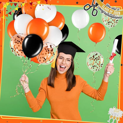 Sratte 60 Pcs 12 Inch Black Orange White Balloons Kit Halloween Decorations Confetti Latex Metallic Balloons with 2 Rolls Ribbon Party Favor for Memorial Day, Birthdays