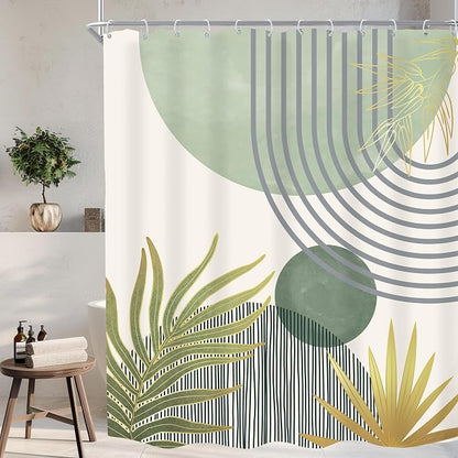 KOMLLEX Mid Century Mint Green Boho Shower Curtain 60Wx72L Inches Abstract Modern Shower Curtains for Bathroom Decor Plant Botanical Minimalist Arch Sun Fabric Liner Waterproof Polyester 12 Pack Hooks