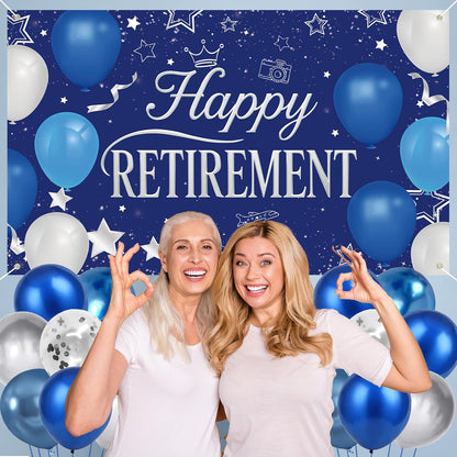 Holkcog Blue Retirement Party Decorations for Women, Silver Blue Happy Retired Banner Backdrop Paper Fan Hanging Swirls for Coworker, I'm Retired Cake Top & Honeycomb Set, Great for Retiring Women