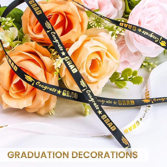 2 Rolls 50 Yards Graduation Ribbon 3/8 Inch Wide, Congrats Grad Gold Satin Ribbon for Gift Wrapping Class of 2026 Graduation Party Decorations DIY Crafts