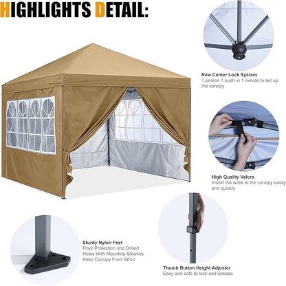COOSHADE 10X10Ft Pop up Canopy Tent Enclosed Instant Folding Canopy Shelter with Elegant Church Window Outdoor Pavilion Cater Party Wedding BBQ Events Tent(Beige)