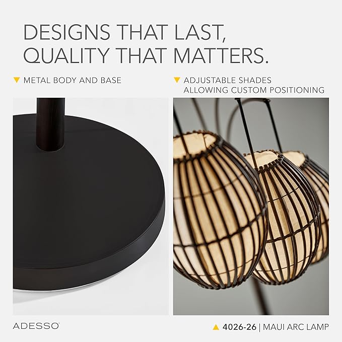 Adesso Maui Arc Floor Lamp with 3 Movable Shades & Adjustable Height- Perfect Lighting for Bedroom, Living Room and Corner Decor, Antique Bronze