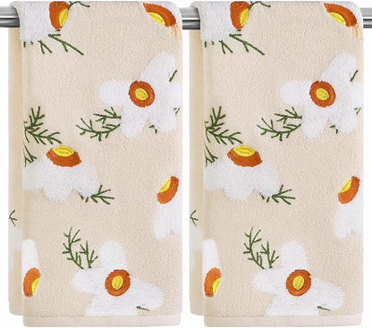 Quera 2 Pack Hand Towels Spring Summer Beige Embroidered Flower Daisy Farmhouse Boho Cotton Bathroom Decorative Towels Set for Bath Kitchen Home Decor Gifts, 13.7'' x 29.5''