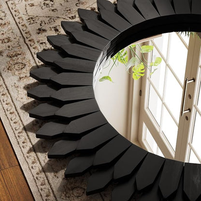 Boho Wood Sunburst Round Wall Mirror, 24 Inch Rustic Circle Wooden Frame Decorative Mirror for Farmhouse Coastal Home, Home Wall Decor for Living Room Entryway Bedroom, Light Wood