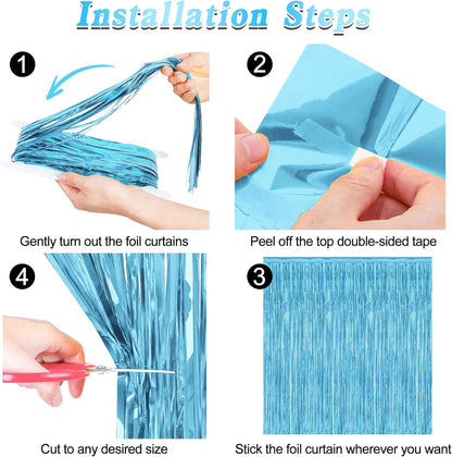 12 Pack Party Decorations, 3.28 FT x 7.05 FT Sky Blue Curtains, Metallic Party Streamers Photo Booth Backdrop Foil Fringe Curtains, Light Blue Winter Wonderland Backdrop Birthday Decor