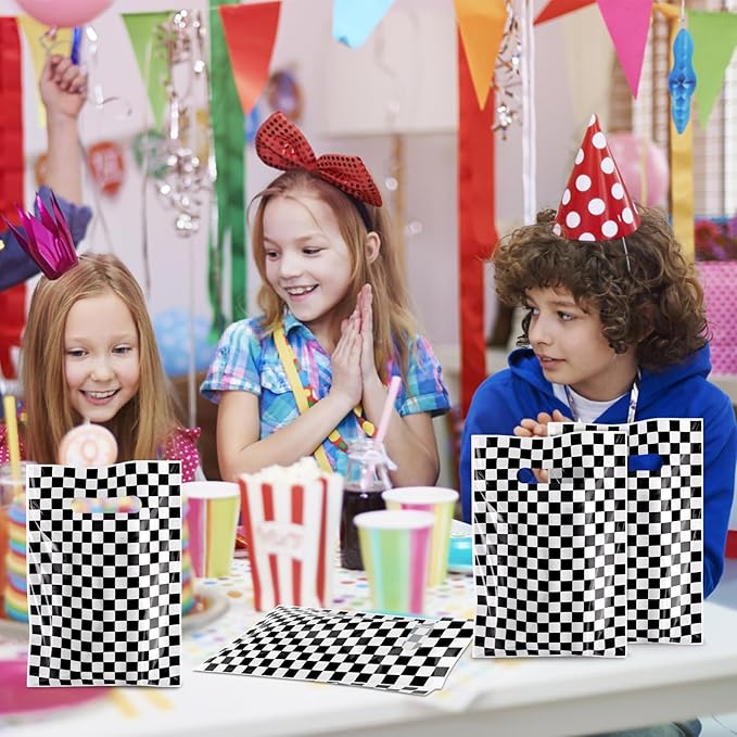 Hxezoc 50 Pieces Race Car Party Bags Plastic Checkered Bags Practical Gift Bags Car Party Favors for Race Car Theme Birthday Party Decoration Supplies